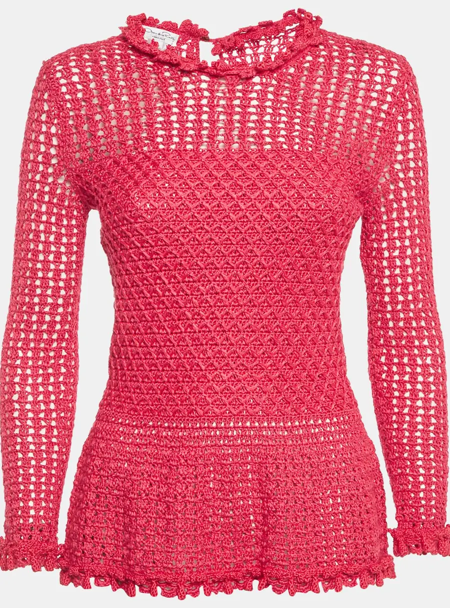 Oscar de la Renta Pink Crochet Sheer Top S