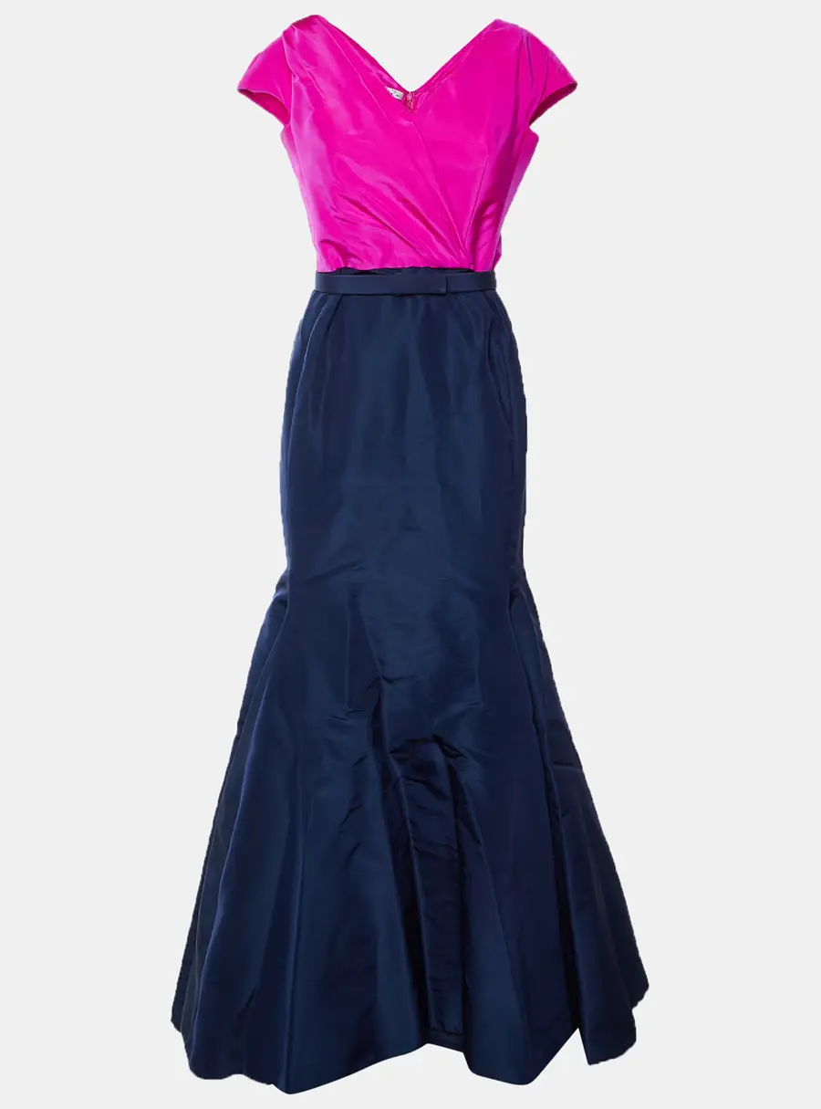 Oscar De La Renta Navy Blue/Pink Silk Gabardine Maxi Dress M