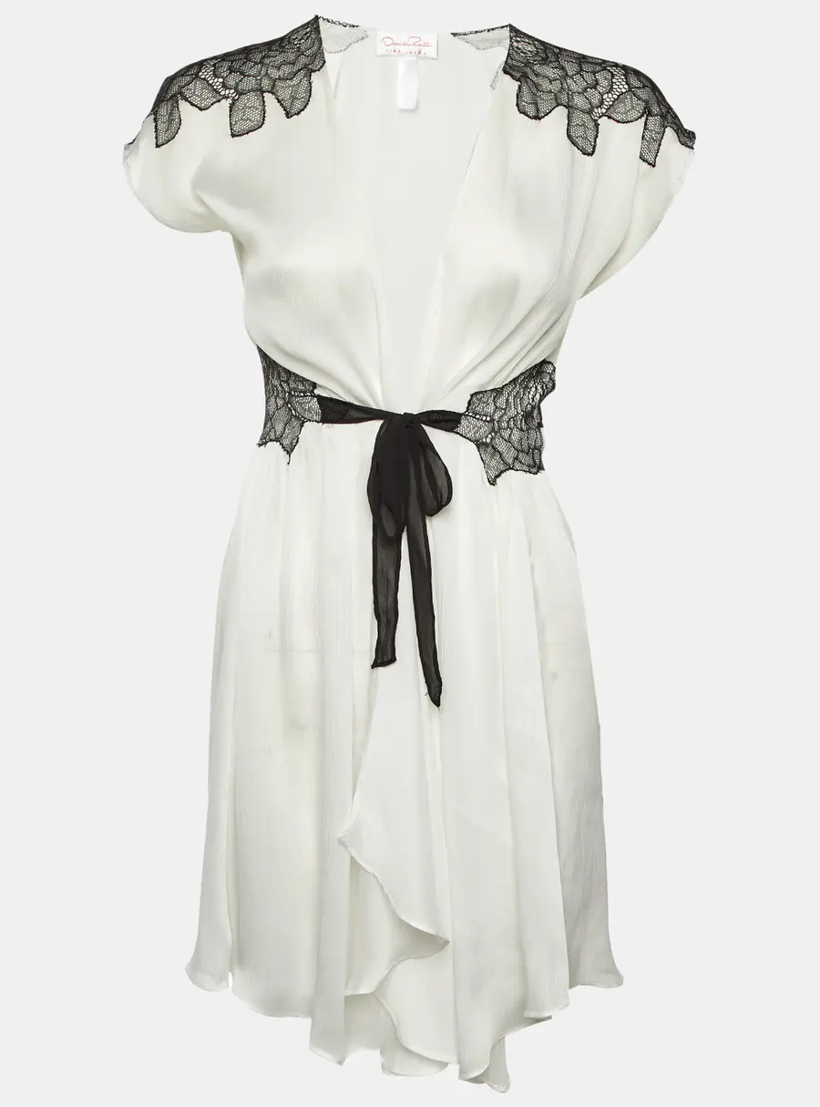 Oscar de la Renta Pink Label White Chiffon Lace Trim Robe S
