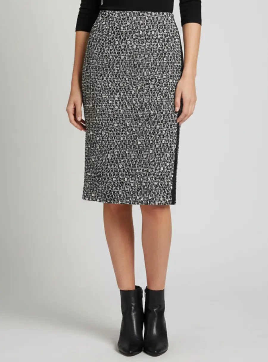 Oscar de la Renta Navy Blue Tweed Slit Knee Length Skirt S