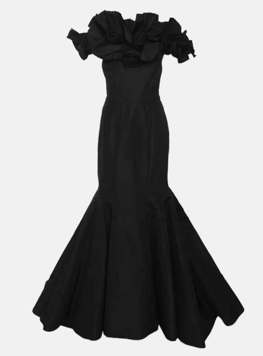 Oscar de la Renta Black Floral Appliqué Long Gown S