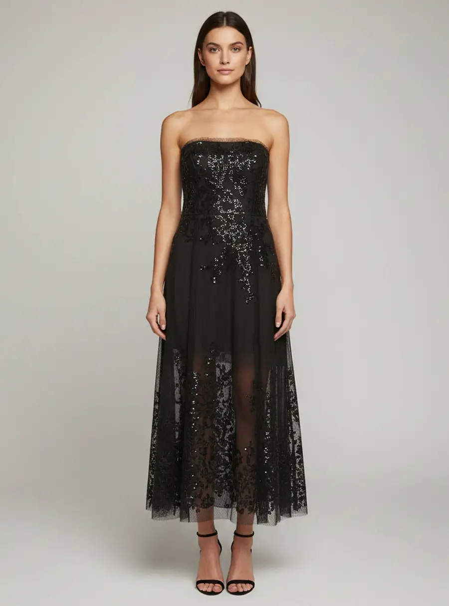 Oscar de la Renta Black Mesh Embroidered Strapless Dress S