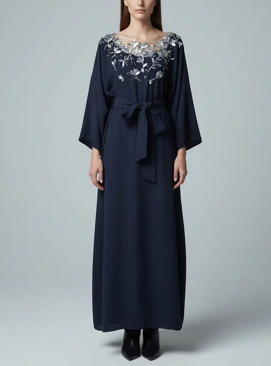 Oscar de la Renta Navy Blue Embellished Stretch Crepe Maxi Dress M