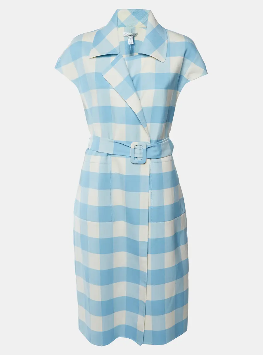Oscar de la Renta Blue/White Check Print Wool Blend Long Coat L