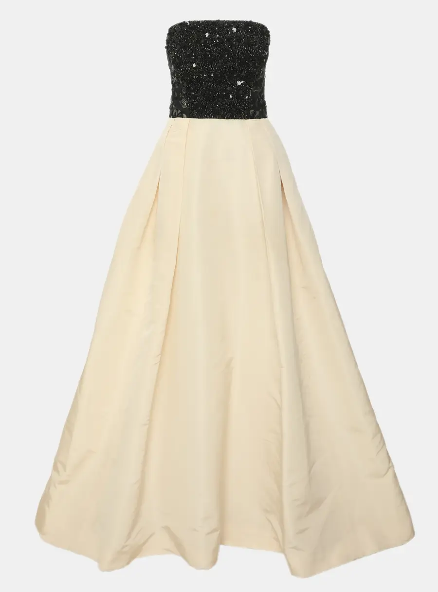 Oscar de la Renta Light Beige/Black Strapless Beaded Lace and Silk Blend Faille Gown M