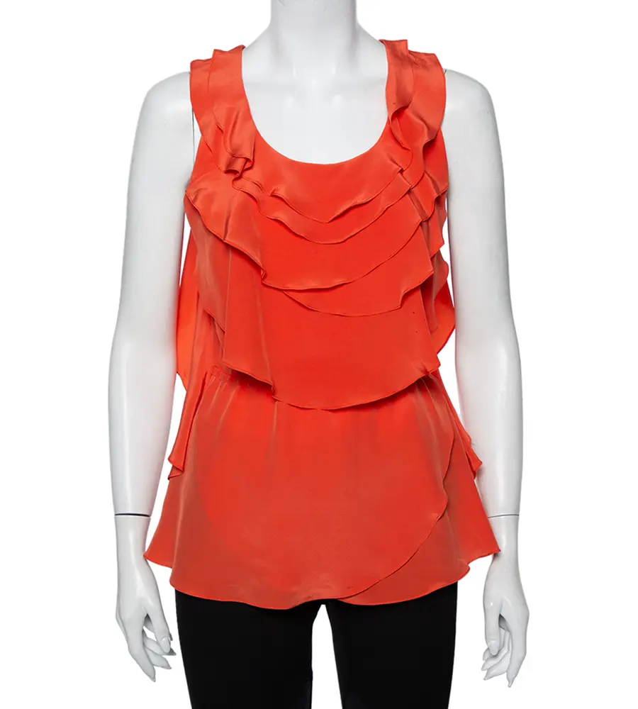 Oscar de la Renta Orange Ruffled Silk Sleeveless Top S