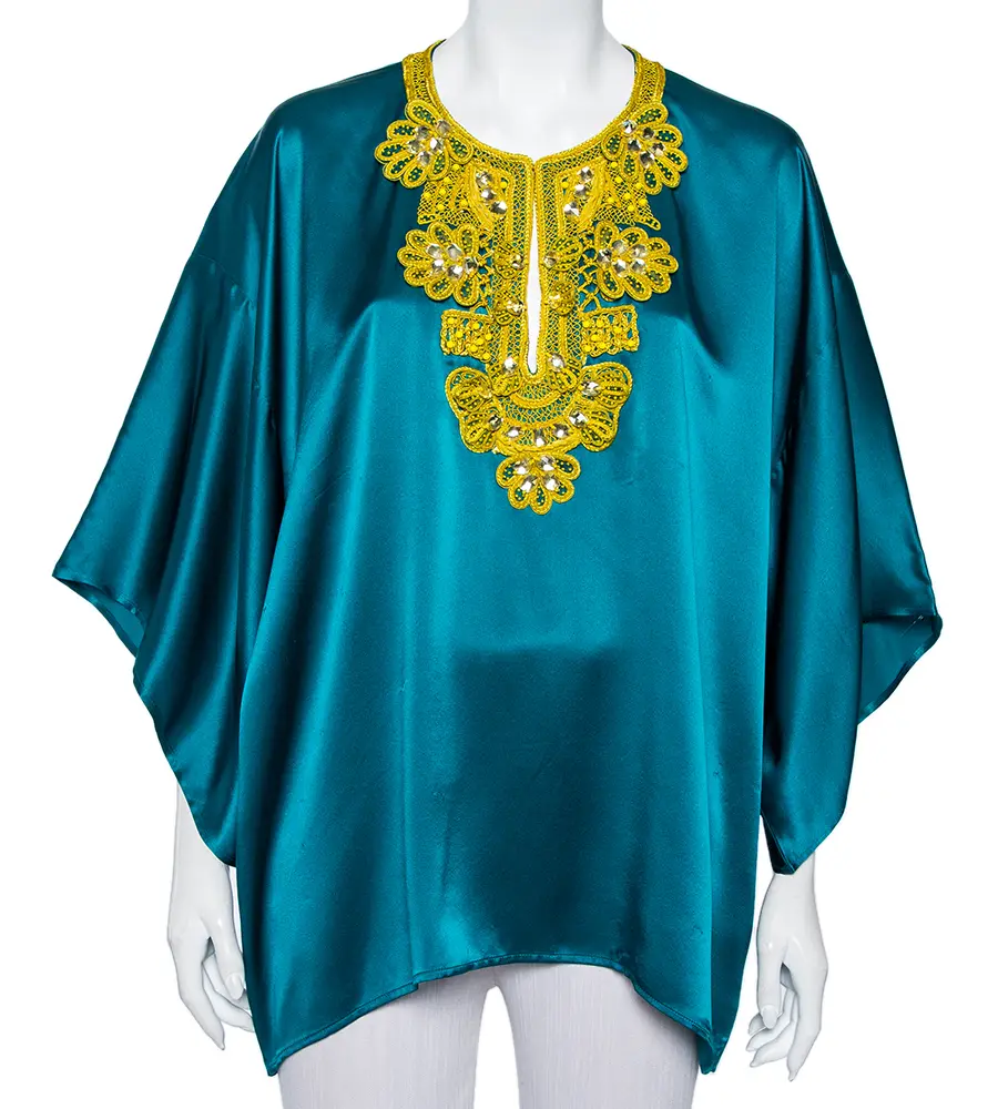 Oscar de la Renta Green Silk Satin Embellished Neck Detail Oversized Top L
