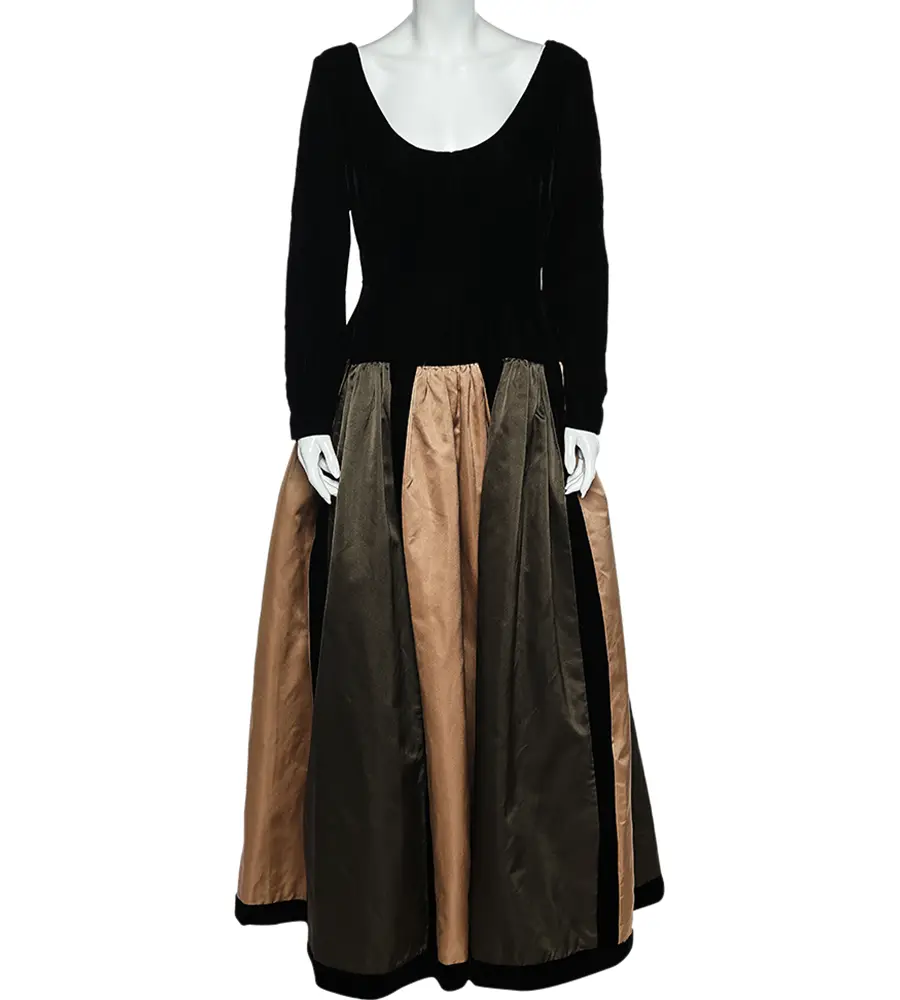 Oscar de la Renta Colorblock Silk & Velvet Long Sleeve Evening Gown L