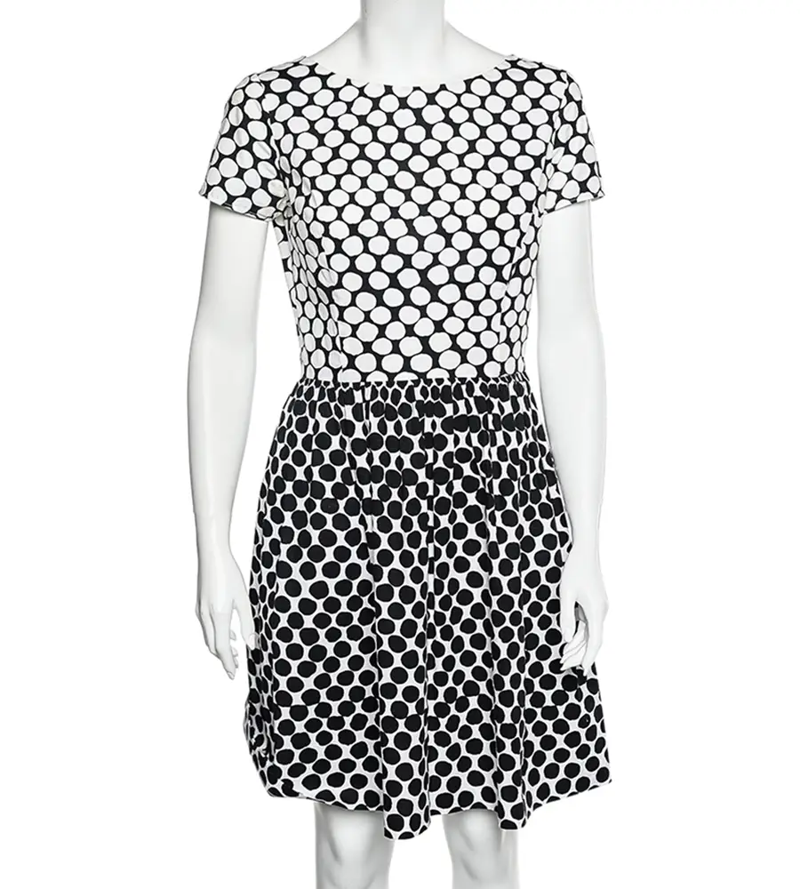 Oscar de la Renta Monochrome Polka Dot Print Cotton Dress S