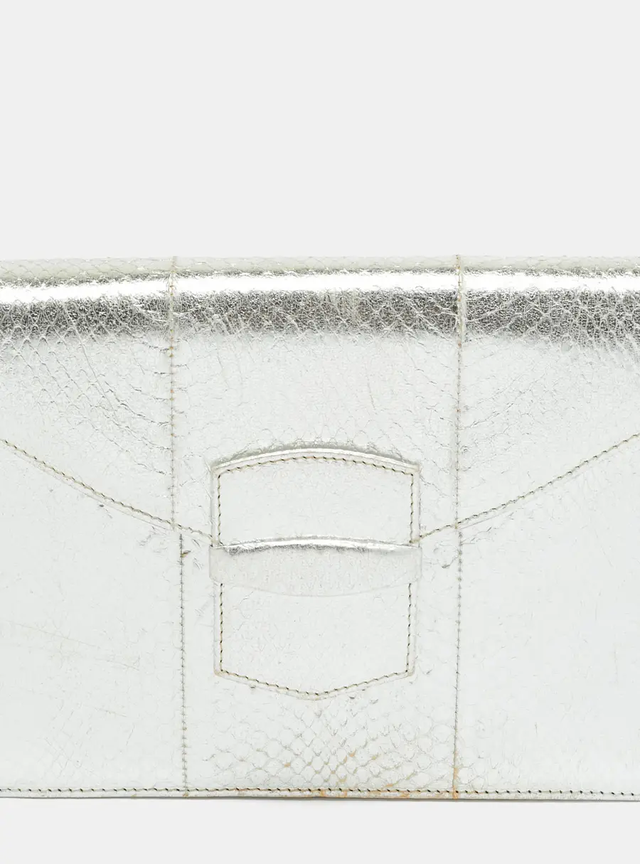 Oscar de la Renta Silver Snakeskin Embossed Leather Flap Clutch