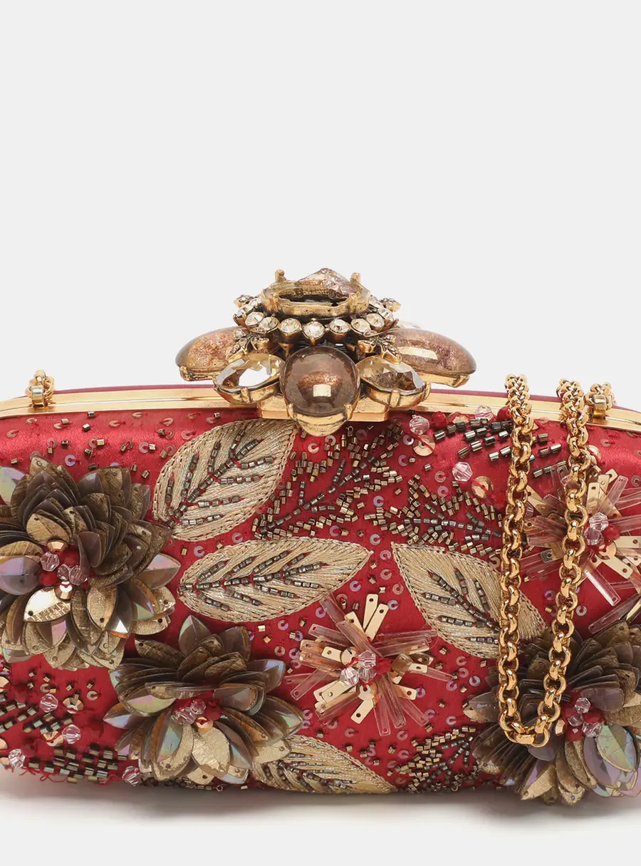 Oscar de la Renta Metal Frame Embellished Red Satin Clutch