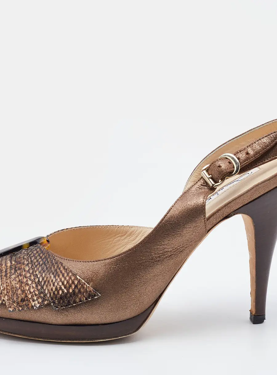 Oscar de la Renta Metallic Brown Python Embossed Leather Slingback Peep Toe Pumps Size 38