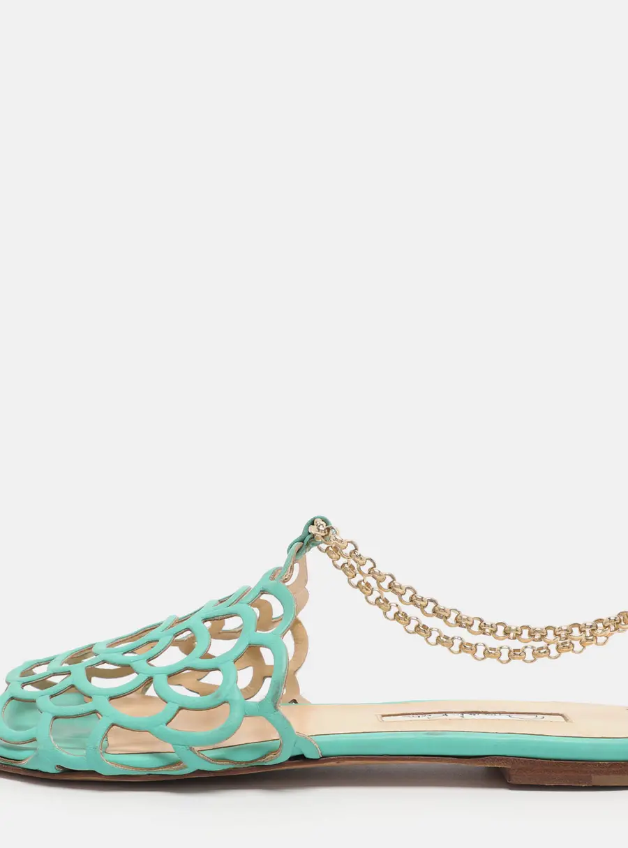 Oscar de la Renta Green Leather Begonia Chain Flats Size 39.5