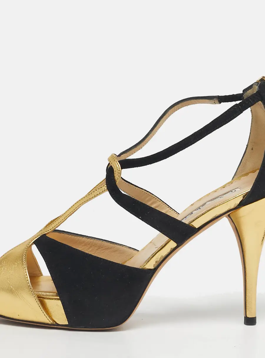 Oscar de la Renta Gold/Black Leather and Suede Ankle Strap Sandals Size 36