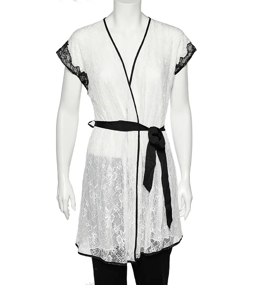 Oscar de la Renta Monochrome Lace Nightwear Wrap Dress M