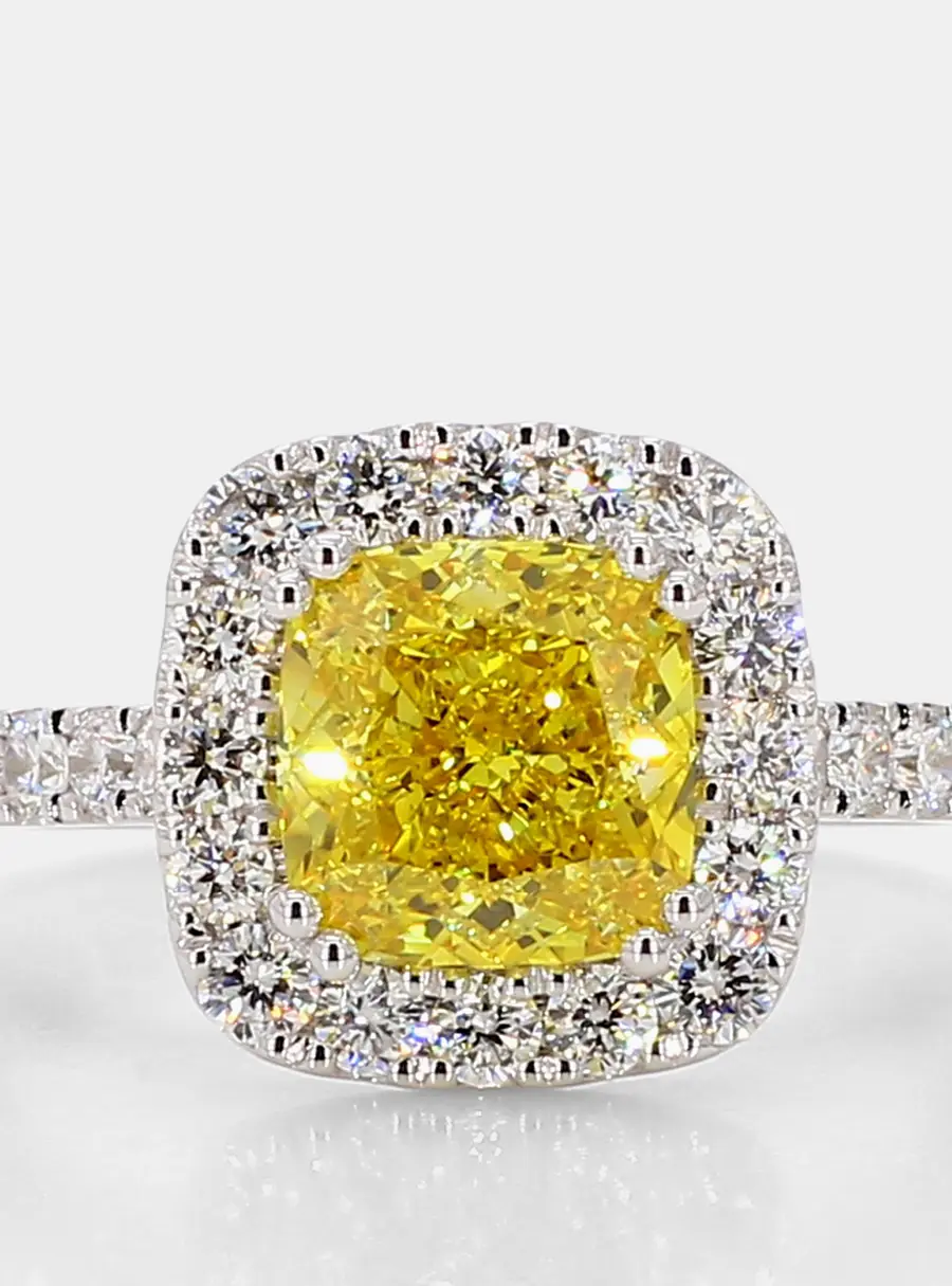 2.58 cts Cushion Lab Grown Diamond 14k White Gold Yellow Halo Engagement Ring Size 7