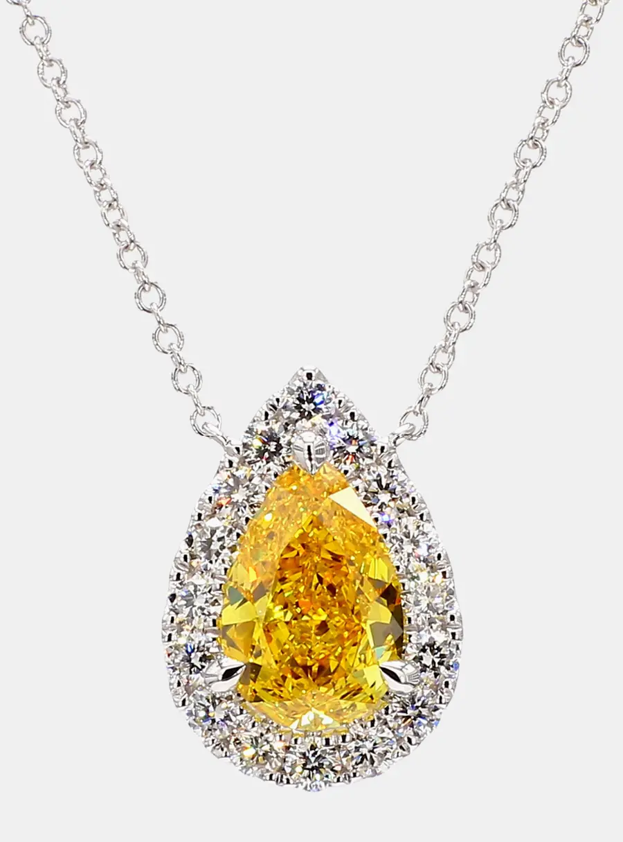 2.05 cts Pear Lab Grown Diamond 14k White Gold Yellow Halo Pendant Necklace