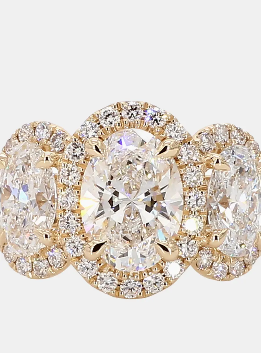 Atelier D' Excellence 3.08 cts Oval Halo Lab Grown Diamonds 14k Yellow Gold Three Stone Engagement Ring EU 54