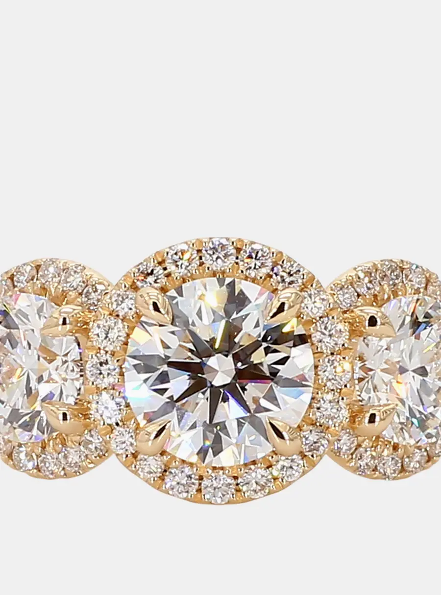 3.03 cts Round Halo Lab Grown Diamonds 14k Yellow Gold Three Stone Engagement Ring