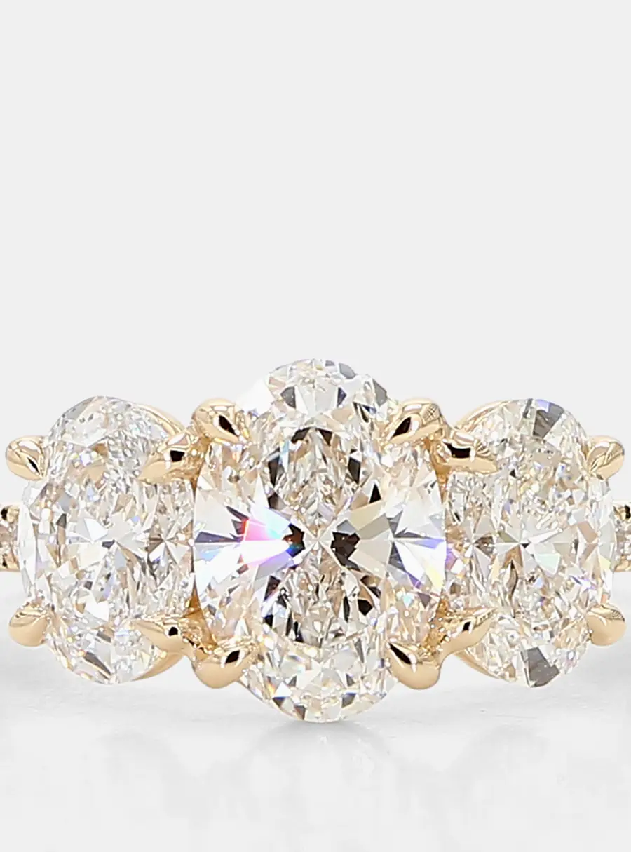 3.69 cts Oval Pave Lab Grown Diamonds 14k Yellow Gold Three Stone Engagement Ring