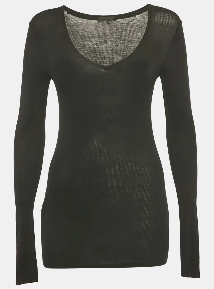 ATM Black Rib Knit V-Neck Top XS