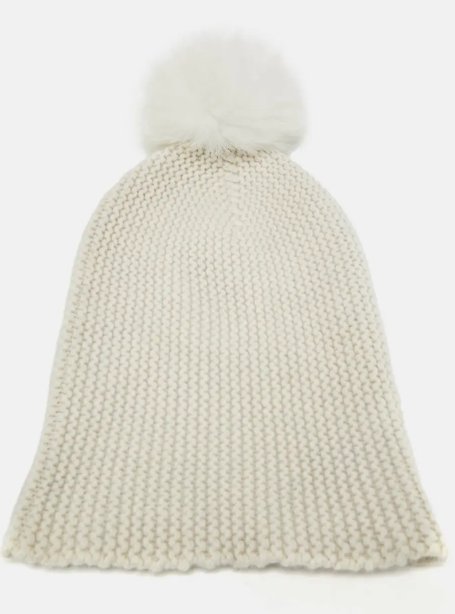 Autumn Cashmere White Purl Knit Fox Fur Pom Pom Beanie