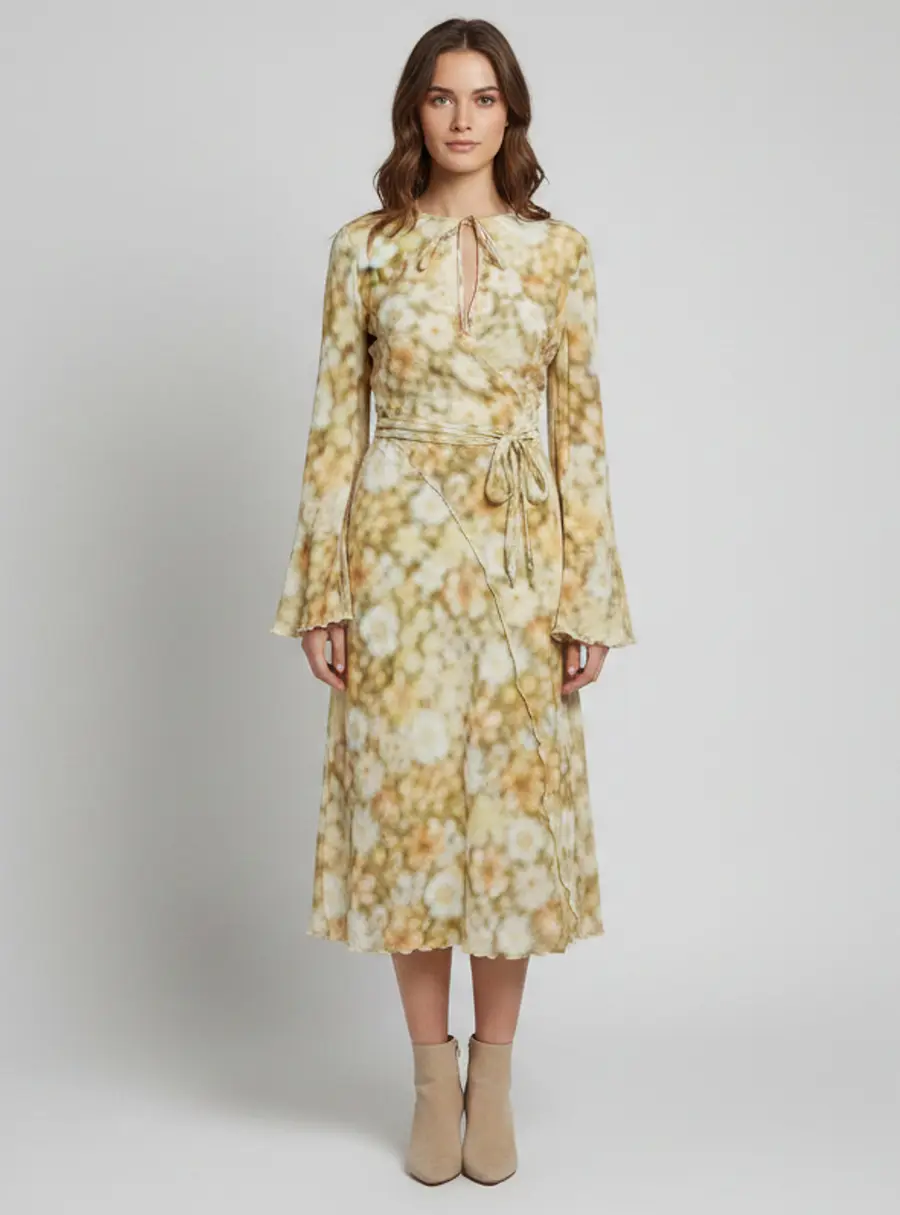 Acne Studios Green/Yellow Floral Print Crepe Wrap Midi Dress L