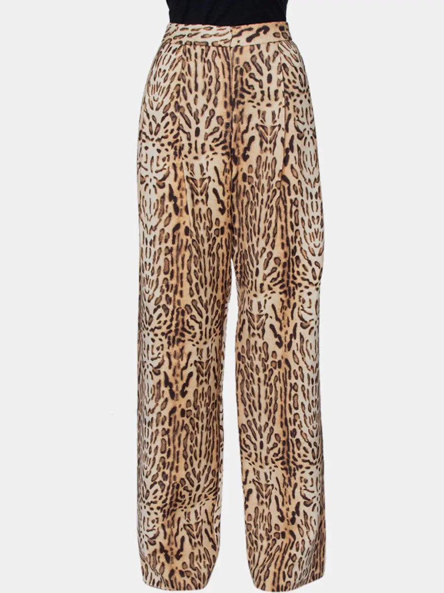 Adam Lippes Beige Animal Printed Wool Palazzo Pants S
