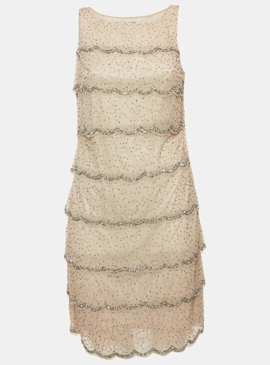 Adrianna Papell Evening Grey Beaded Tulle Tiered Mini Dress M