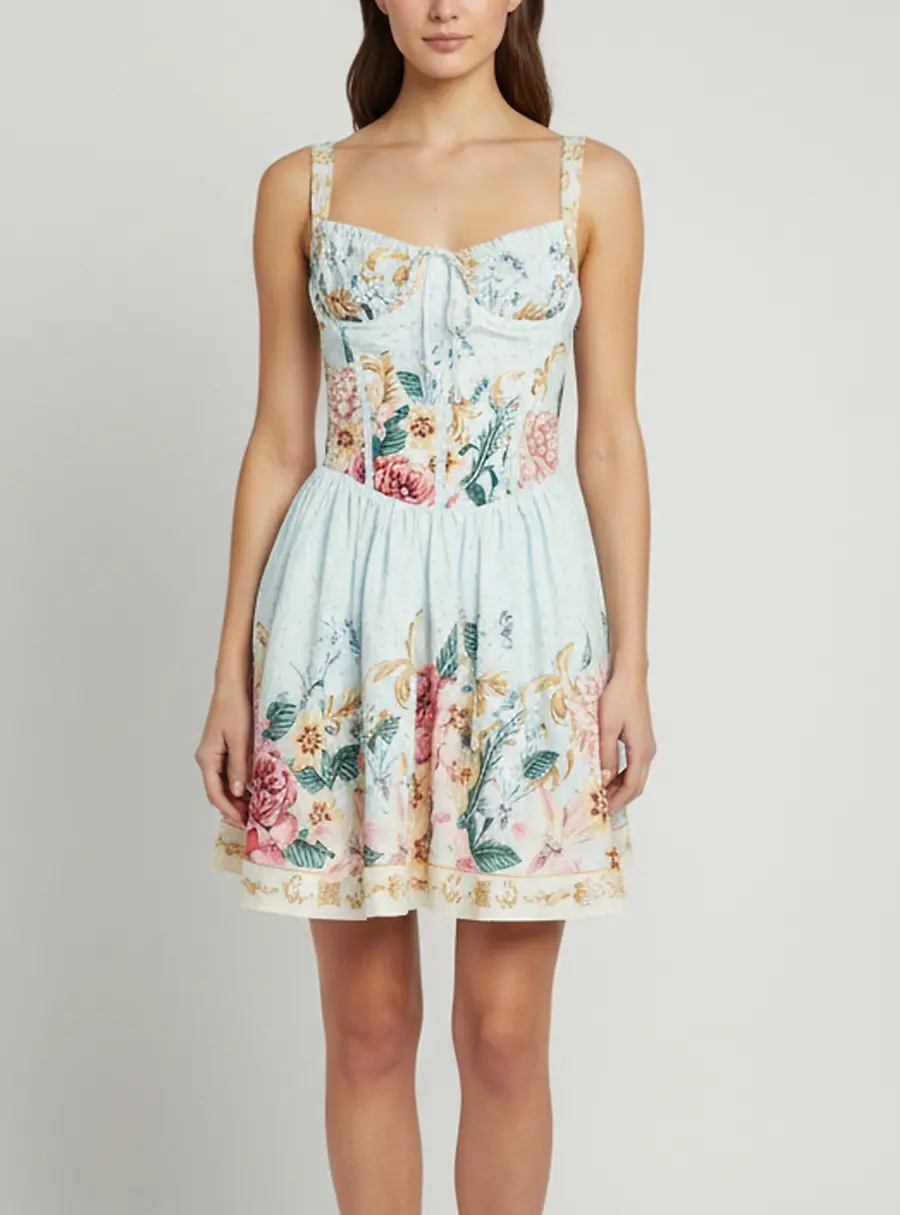 Agua Bendita Blue Spring Blush Print Cotton Mini Dress M