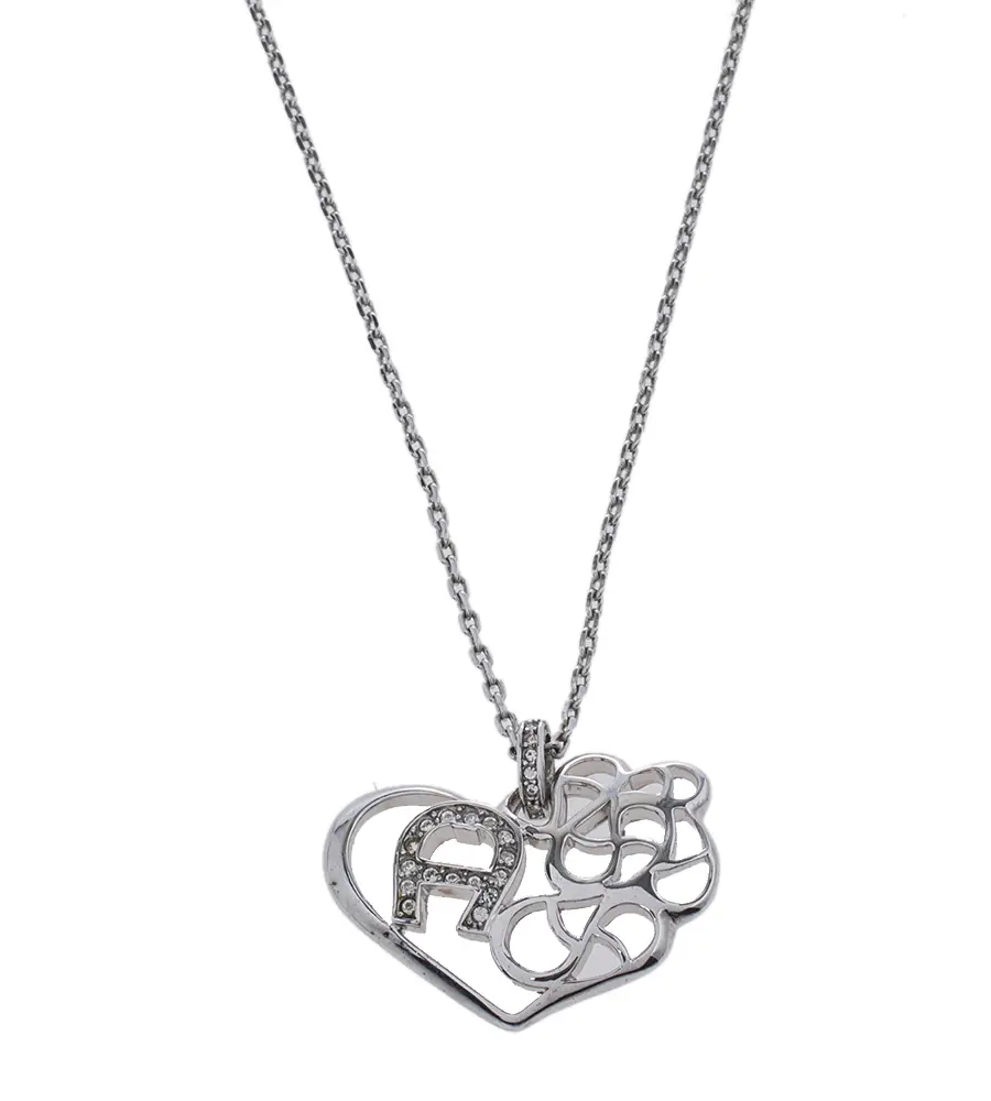 Aigner Silver Tone Crystal Logo Heart Pendant Necklace
