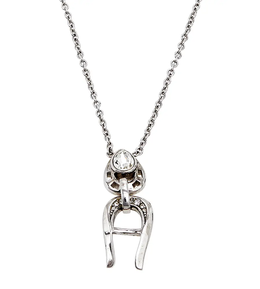 Aigner Silver Tone Crystal Logo Drop Pendant Necklace