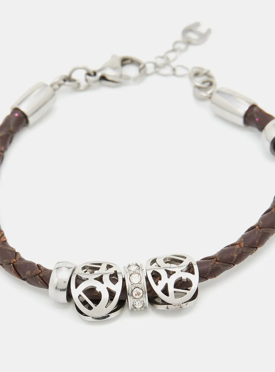 Aigner Crystal Logo Charm Brown Braided Leather Bracelet