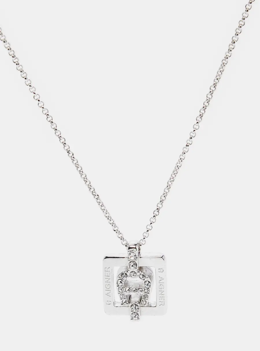 Aigner Silver Tone Square Crystal Logo Pendant Necklace