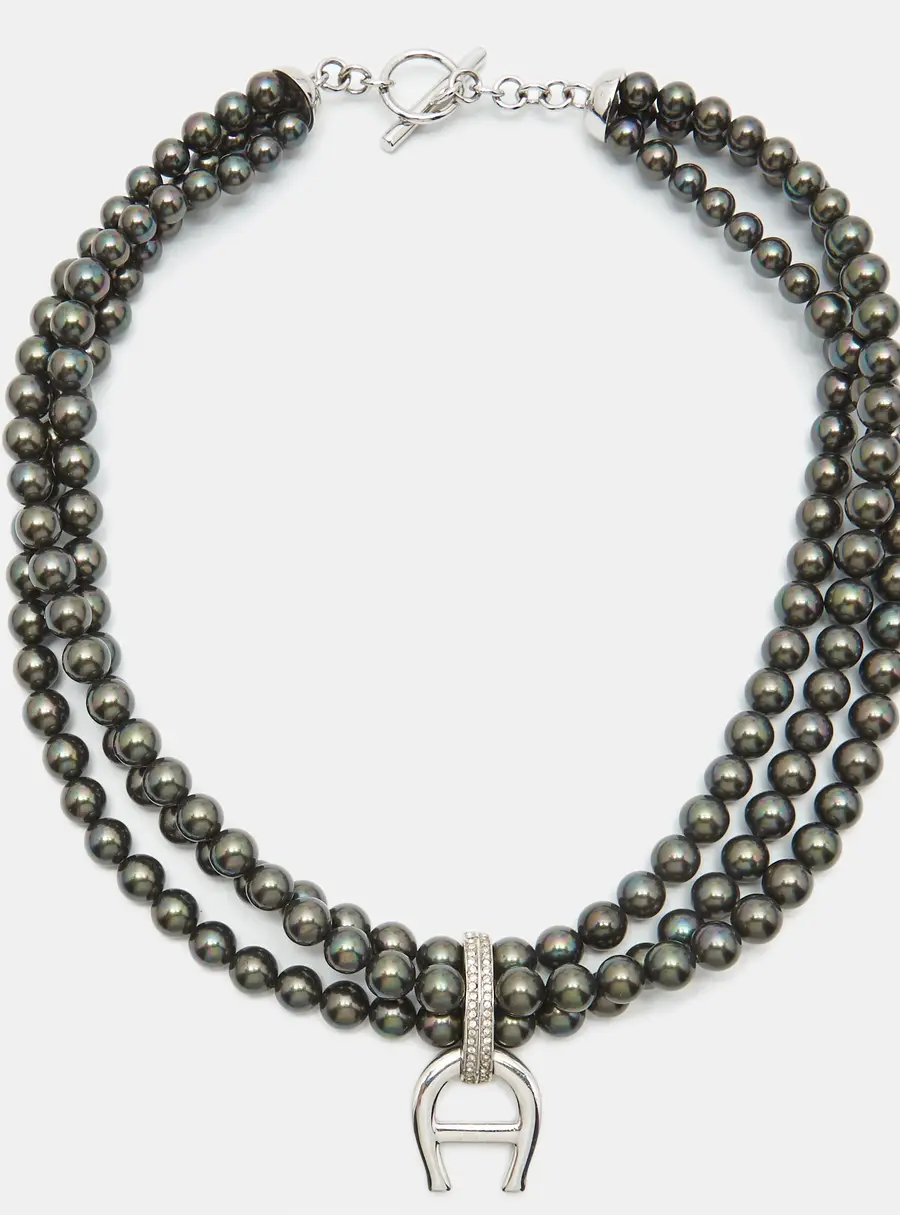 Aigner Logo Crystals Black Faux Pearls Silver Tone  Multistrand Necklace