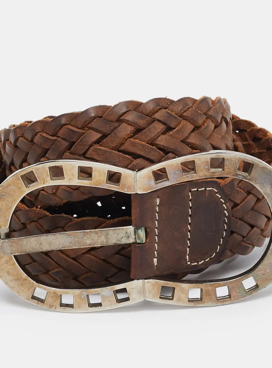 Aigner Brown Braided Leather Buckle Belt 90 CM