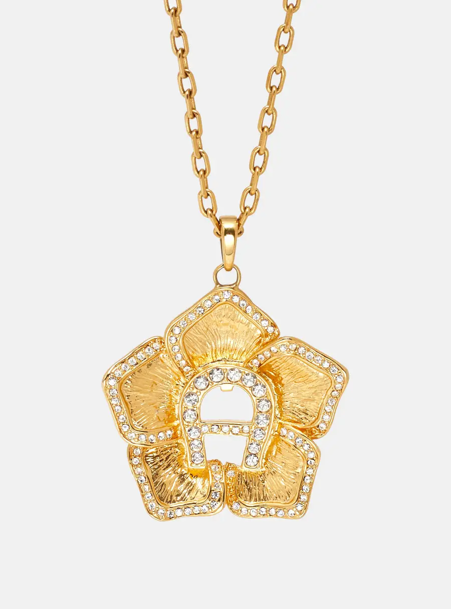 Aigner Gold Tone Crystal Logo Flower Pendant Necklace