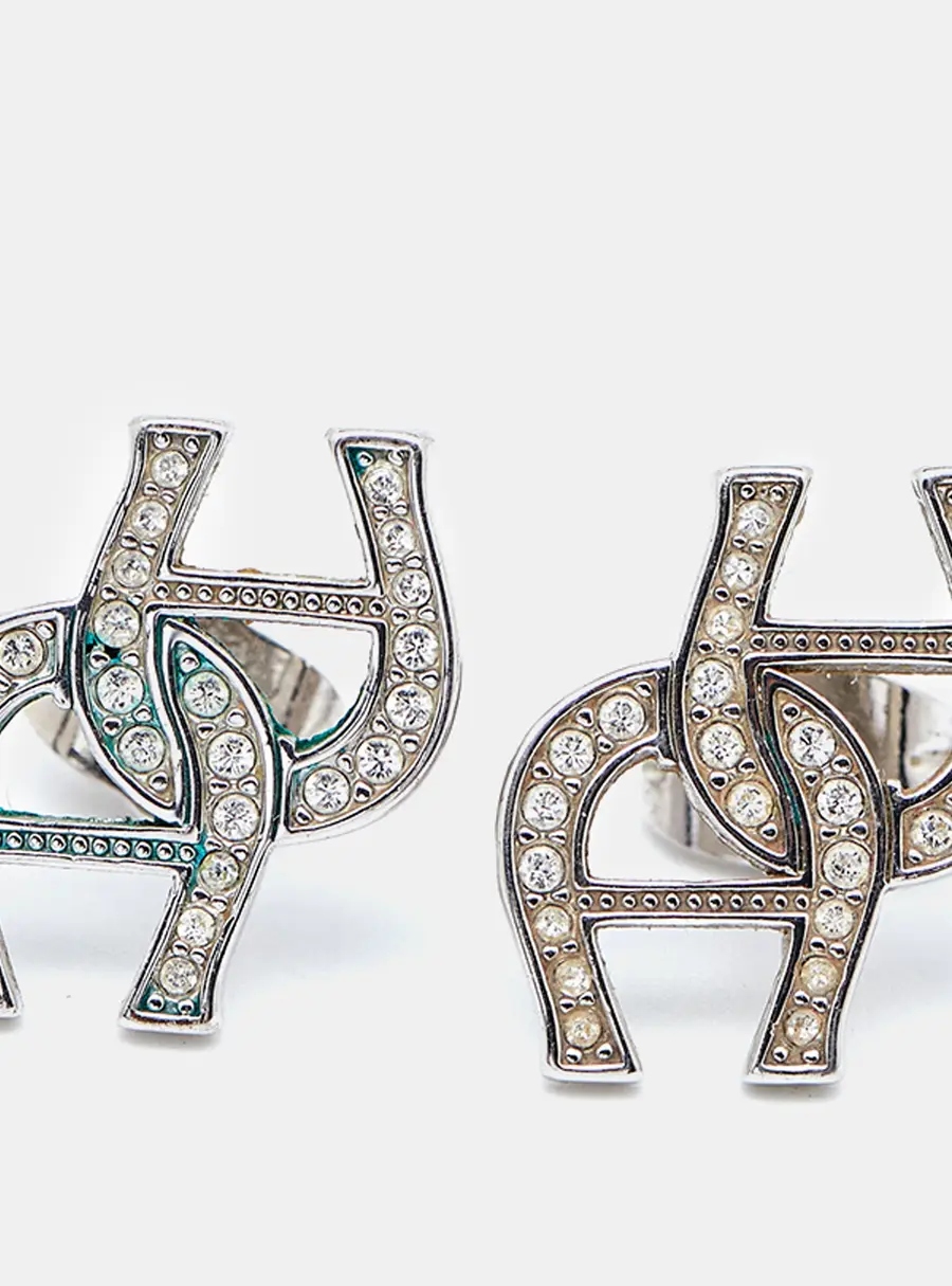 Aigner Logo Crystal Embellished Silver Tone Earrings