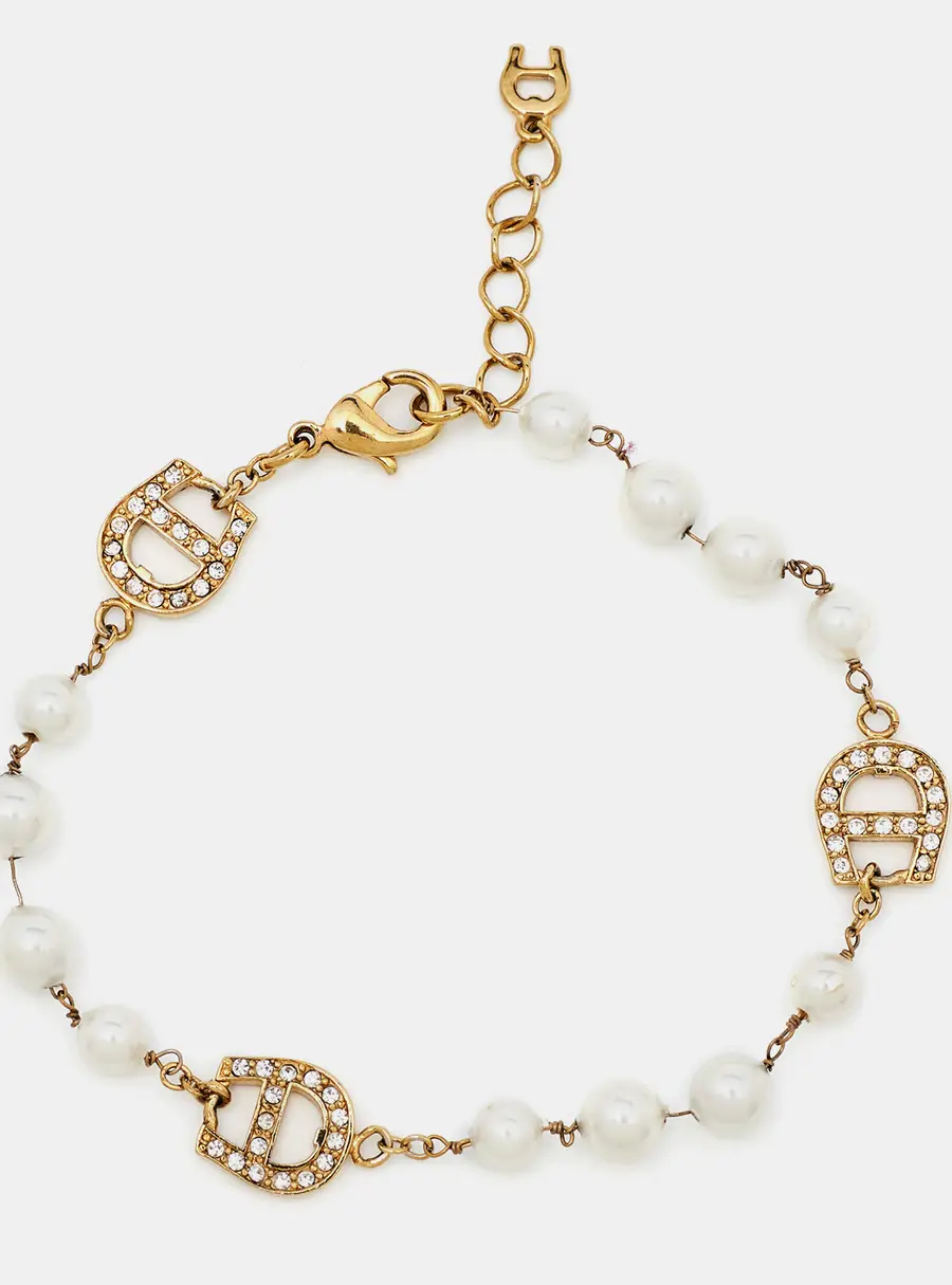 Aigner Gold Tone Crystal Logo Faux Pearl Station Bracelet