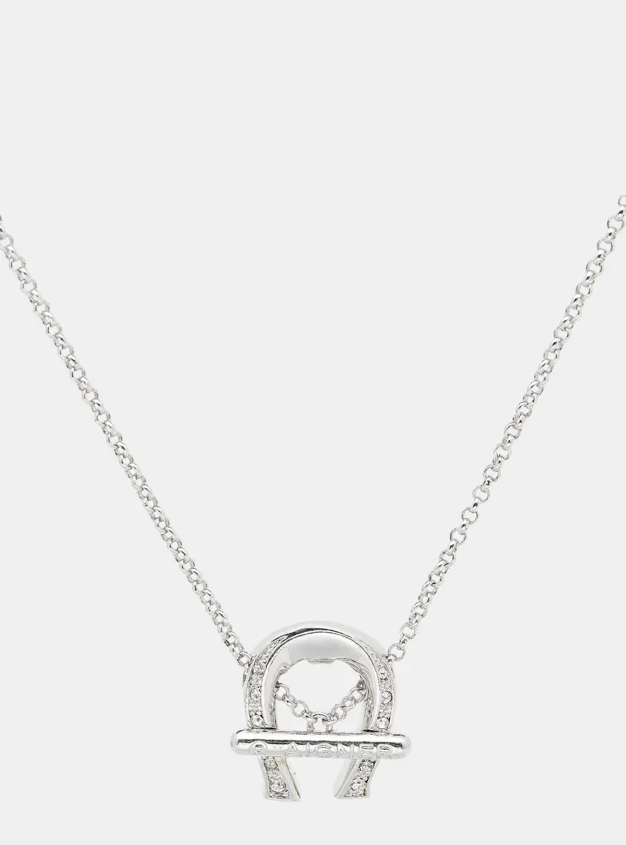 Aigner Logo Crystal Silver Tone Necklace