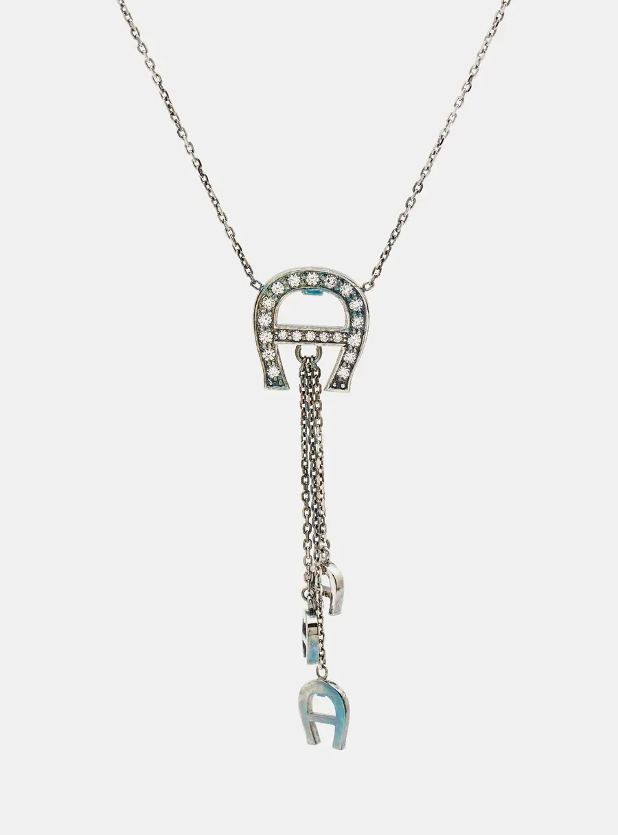 Aigner Logo Crystals Sterling Silver Pendant Necklace