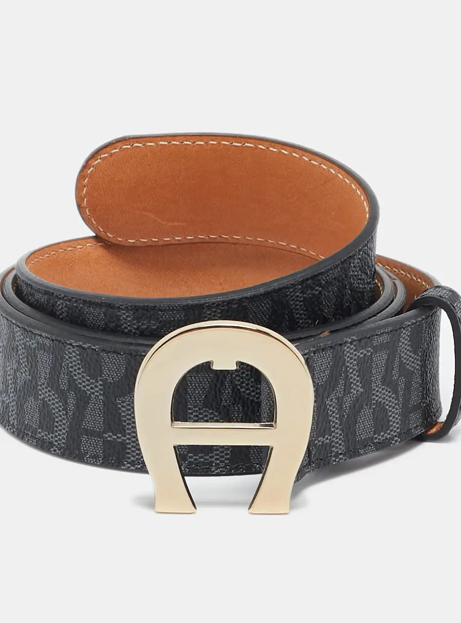 Aigner Grey/Black Signature Coated Canvas Insignia Belt 90CM