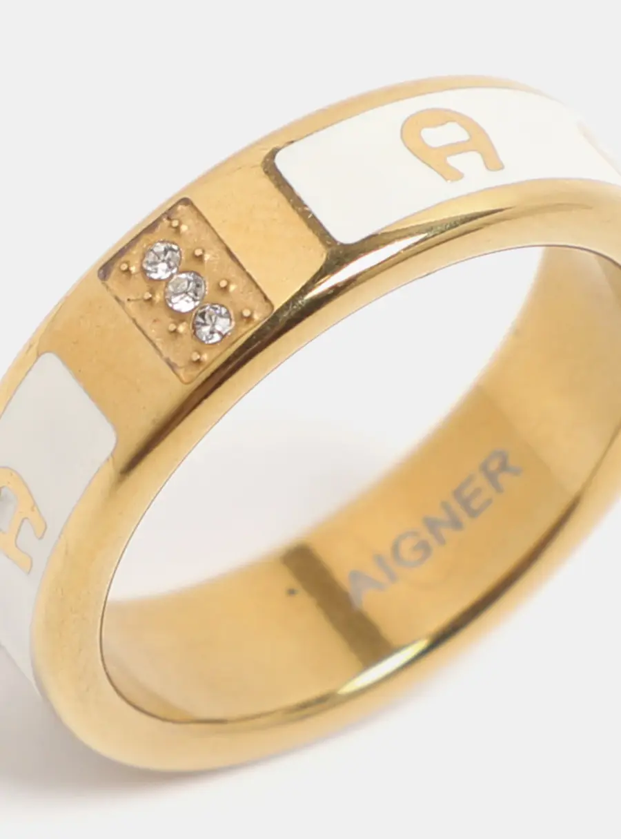 Aigner Cream/Gold Tone Metal and Enamel Band Ring Size 57