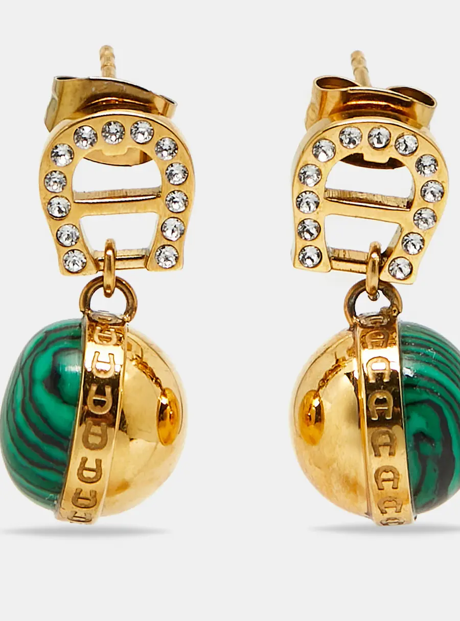 Aigner Logo Crystals Green Resin Gold Tone Earrings