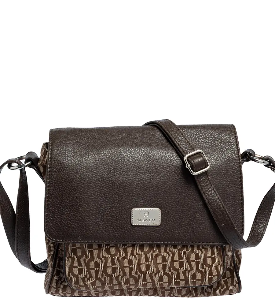 Aigner Beige/Brown Signature Canvas and Leather Flap Shoulder Bag