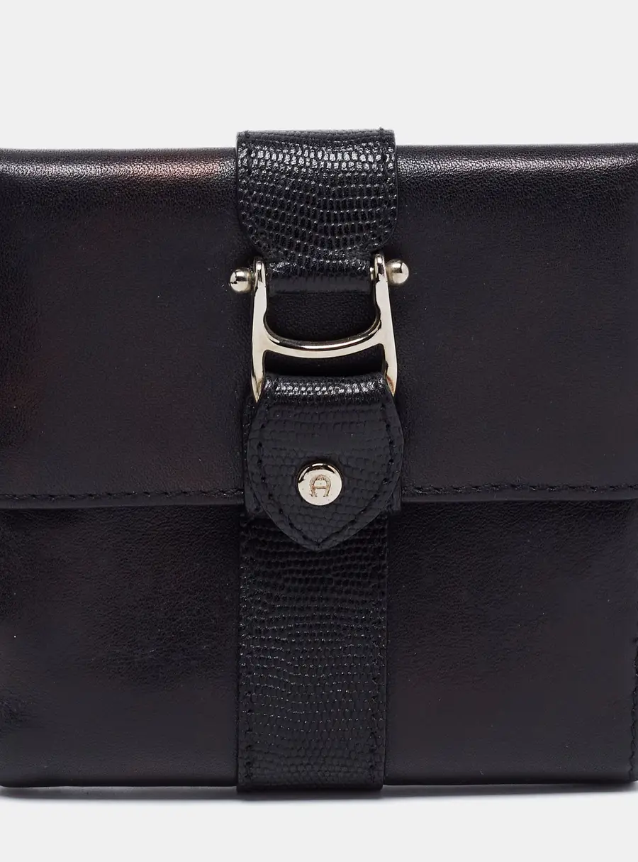Aigner Black Leather Trifold Compact Wallet