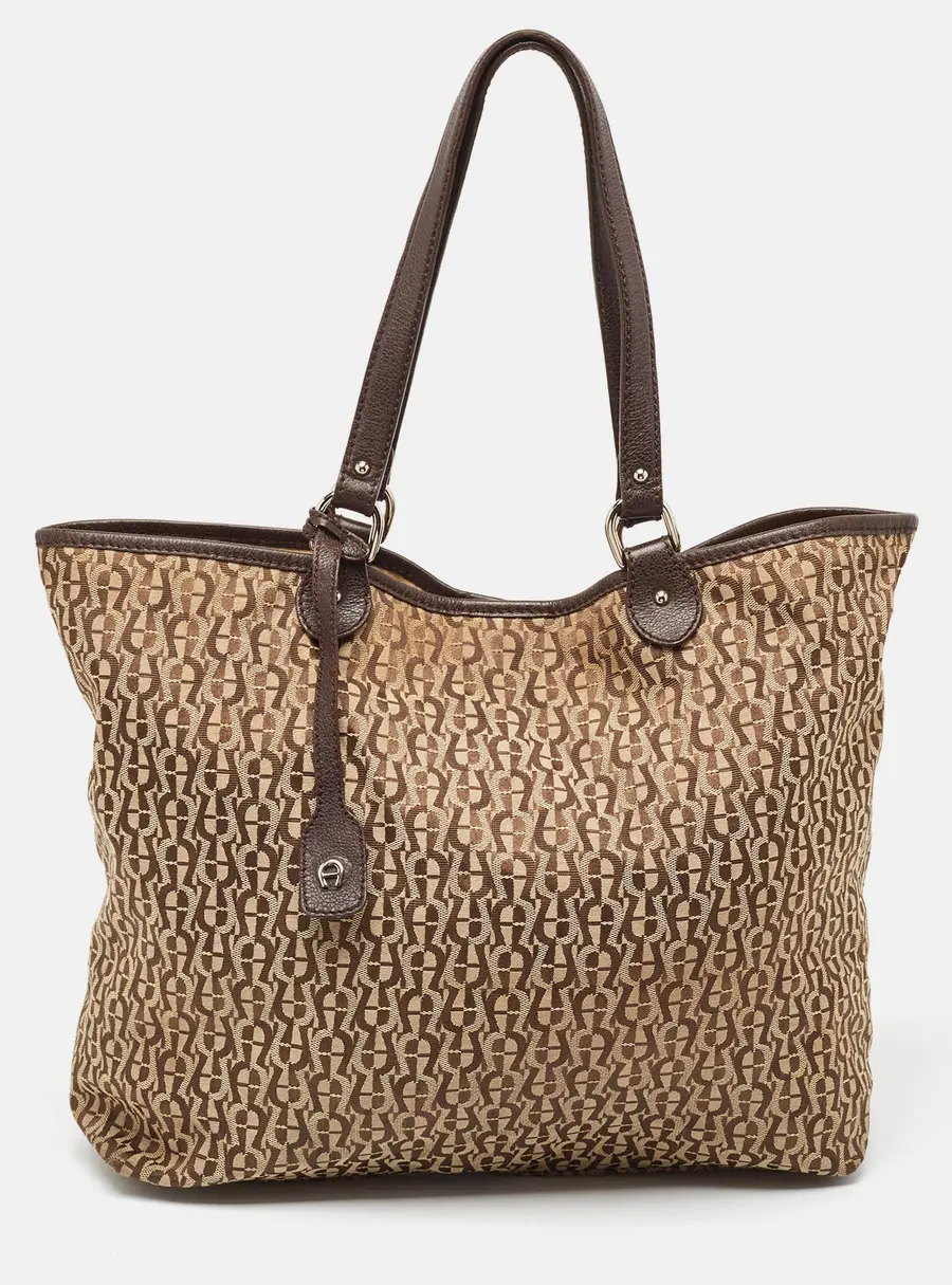 Aigner Brown/Beige Signature Canvas and Leather Snap Tote