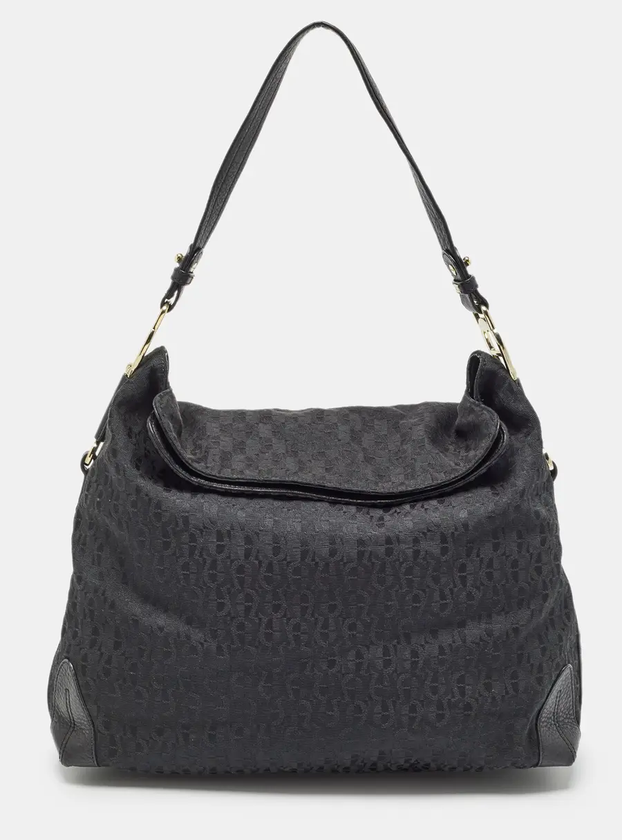 Aigner Black Monogram Canvas and Leather Logo Handle Hobo