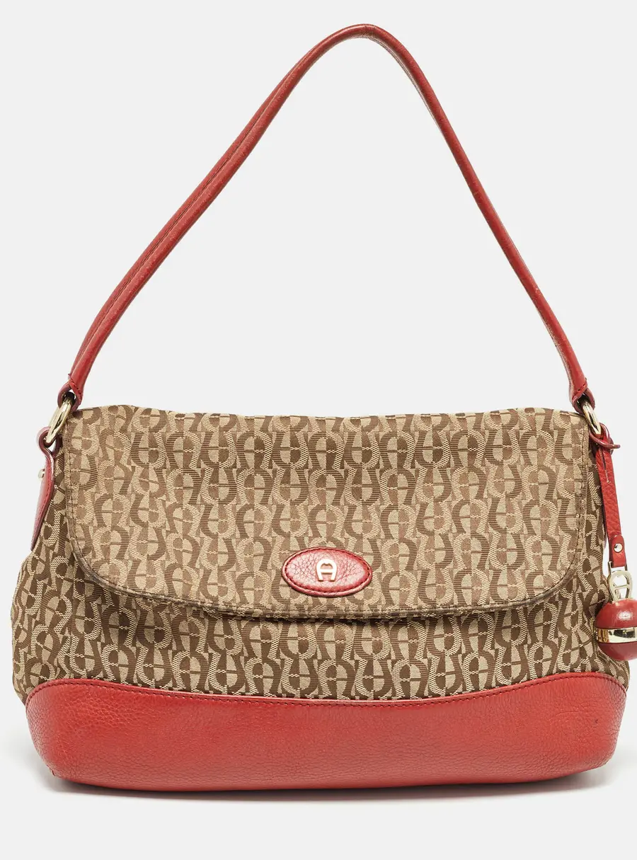 Aigner Beige/Red Signature Canvas and Leather Logo Flap Shoulder Bag