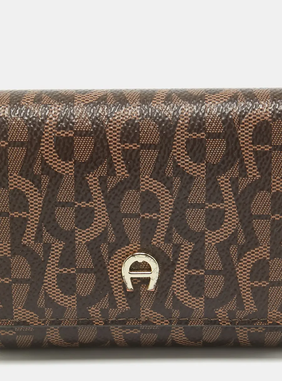 Aigner Dark Brown Monogram Coated Canvas Logo Trifold Wallet